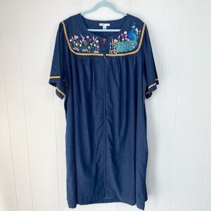 Go Softly Embroidered Peacock Denim Short Sleeve Zip Front Patio Dress Sz 3X NWT